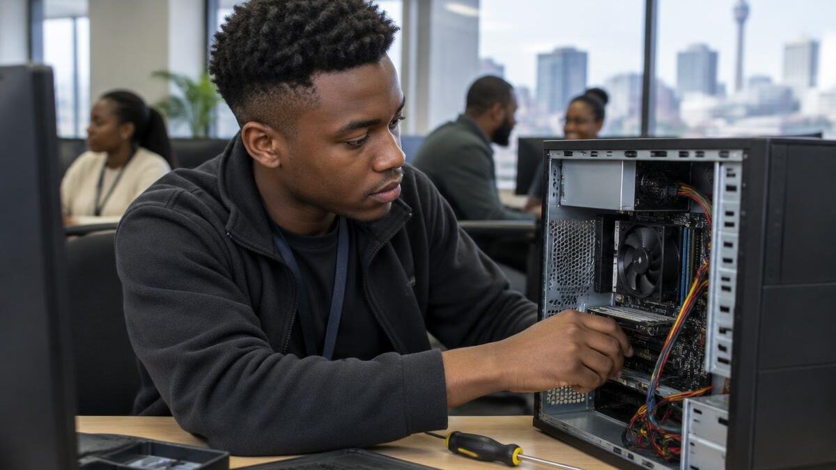 a young Black South African technician working on desktop computers in a modern office in Johannesburg, analyzing software support interfaces on screens, with colleagues visible in the background. No 