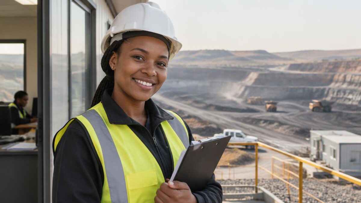 Young woman in a hard hat and reflective vest at an open-cast coal mine in Mpumalanga