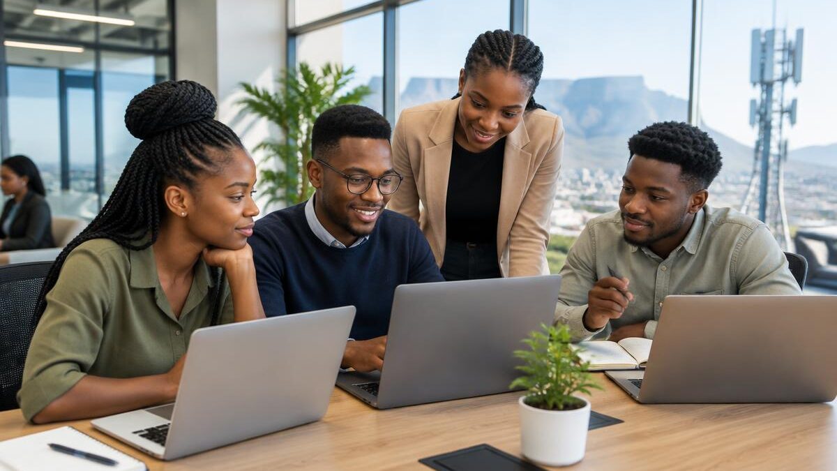 young Black South African graduates collaborating around a desk with laptops inside a modern corporate telecommunications office in Gauteng, professional setting, natural daylight, no text or logos