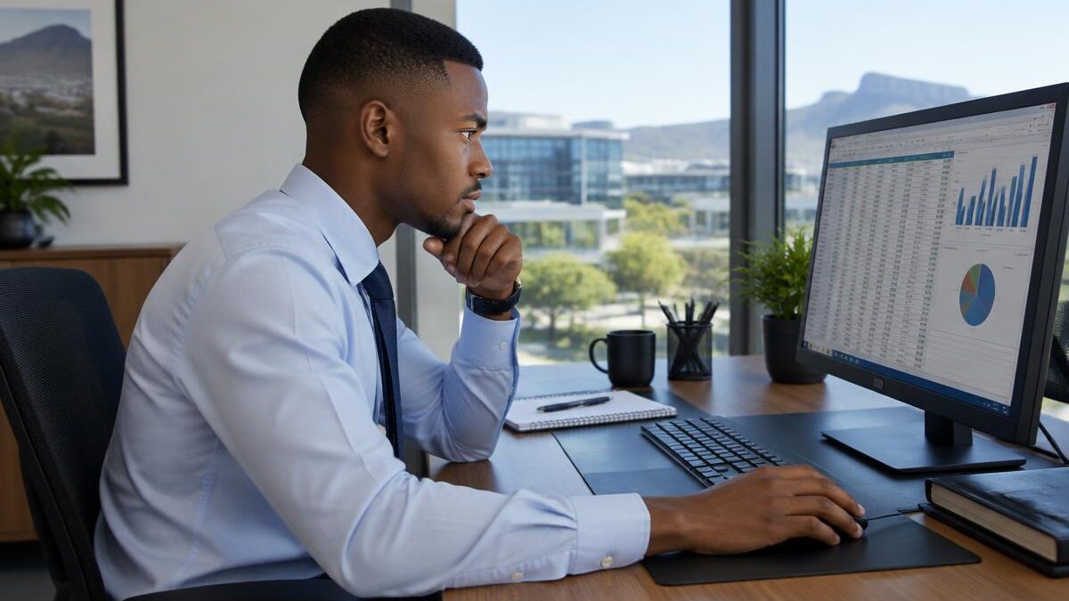 a young Black South African finance professional analyzing accounting spreadsheets on a computer screen inside a modern corporate office building.
