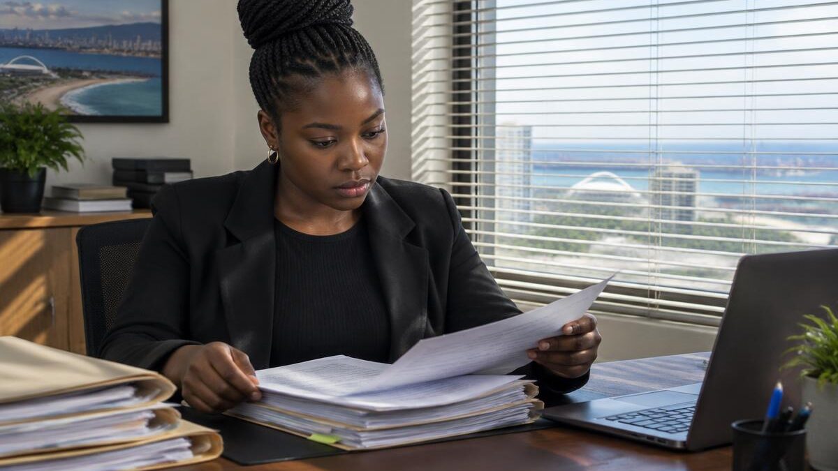 a young Black South African woman carefully reviewing legal document files and administrative paperwork at an office desk in Durban, with soft natural light coming through office blinds.