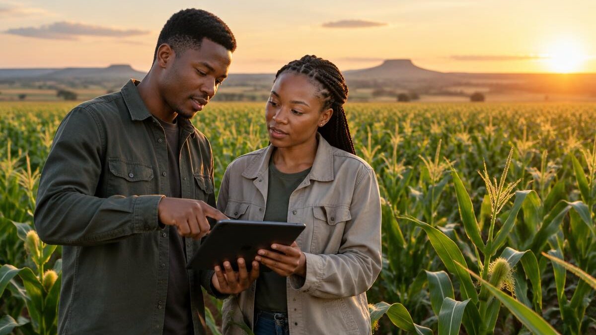 A young Black South African man and woman analyzing agricultural market charts on tablets inside a modern corporate agribusiness office in the Free State, natural window light, editorial photography s