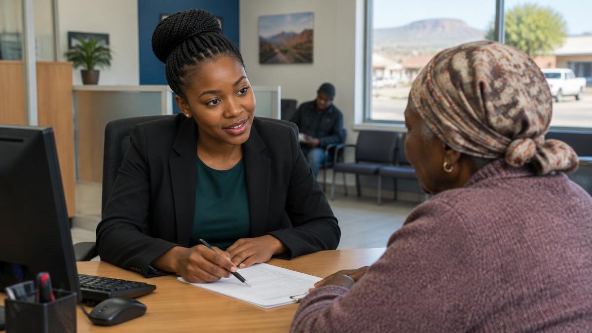 a young Black South African woman working at a modern financial services office desk in a customer care branch setting, reviewing paperwork with a colleague, bright natural lighting, professional busi