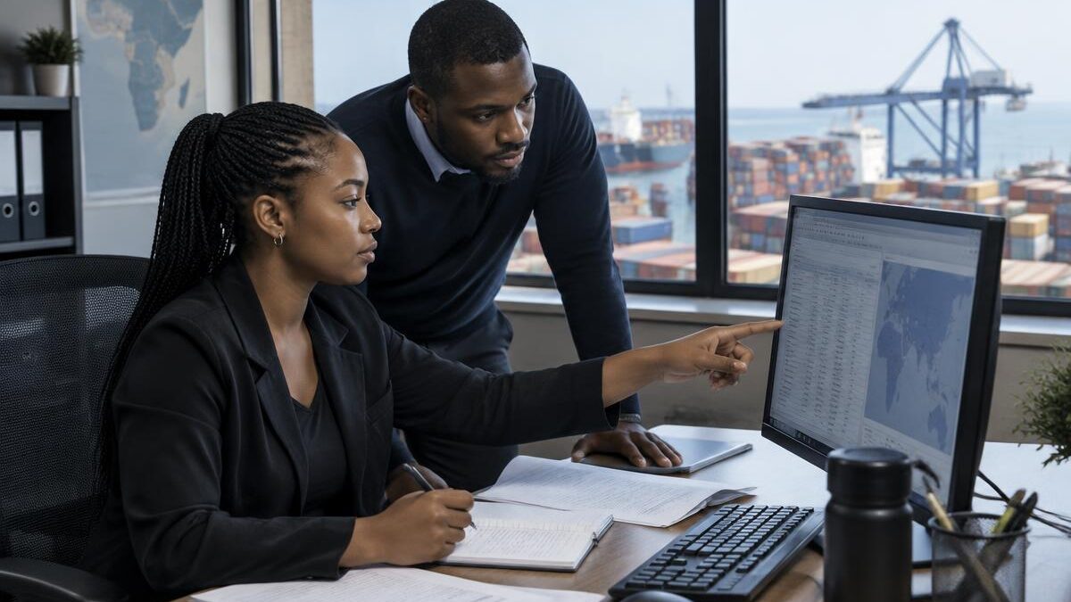 a young Black South African woman working at a modern freight logistics office desk in Sandton, reviewing shipping documents on a computer monitor alongside a young male colleague.