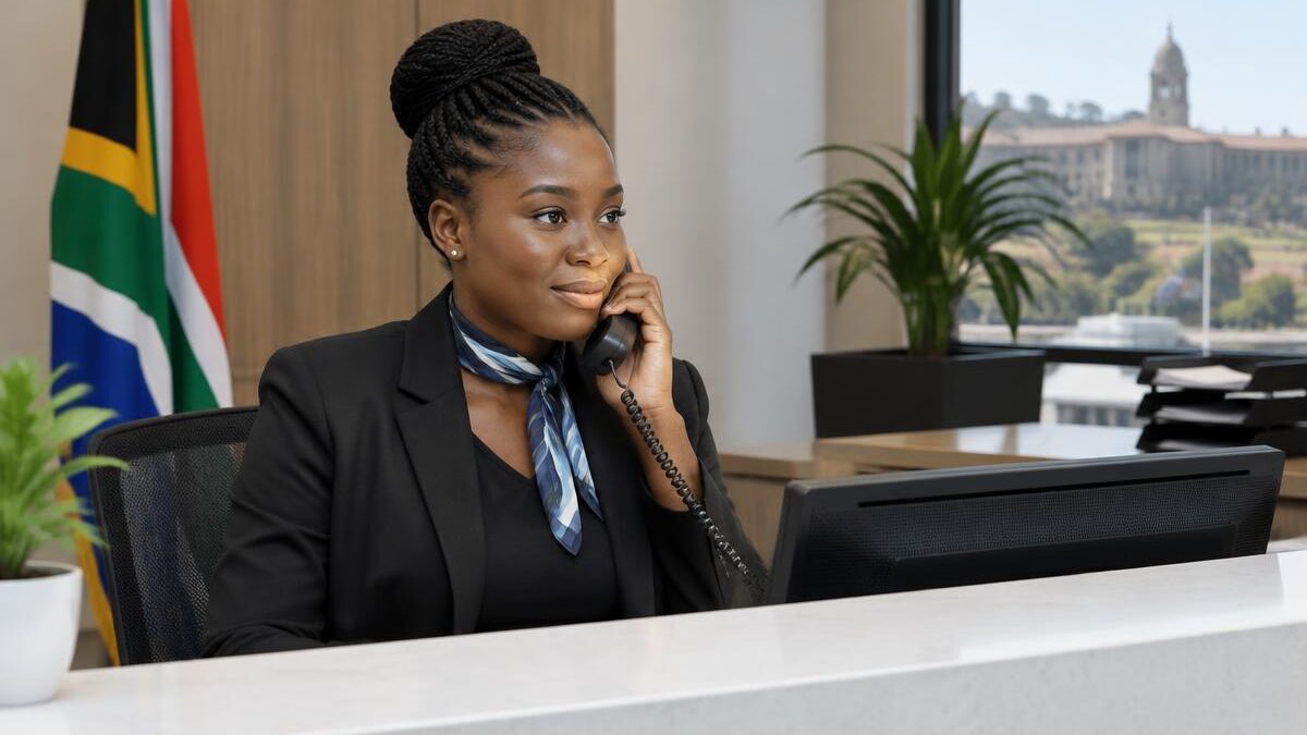a young Black South African female receptionist working behind a modern, clean front desk in a quiet public sector office setting in Pretoria. She is wearing smart business attire, answering a telepho