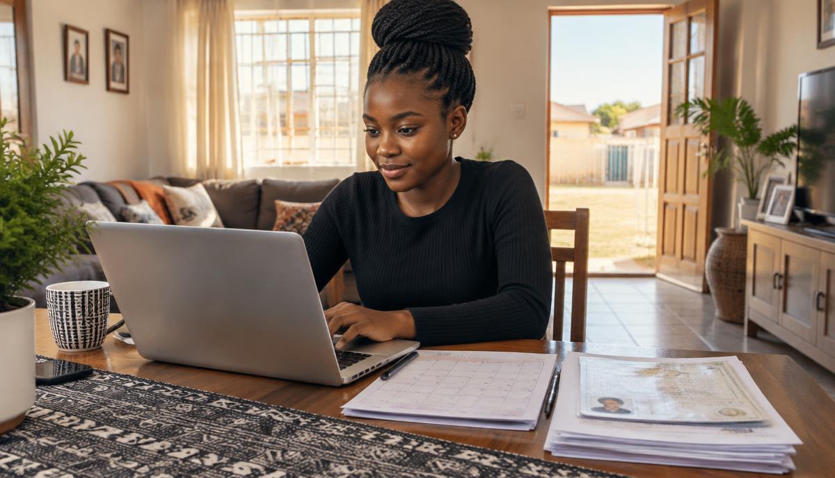 Young South African woman filling in a learnership application on a laptop at home, with her documents beside her