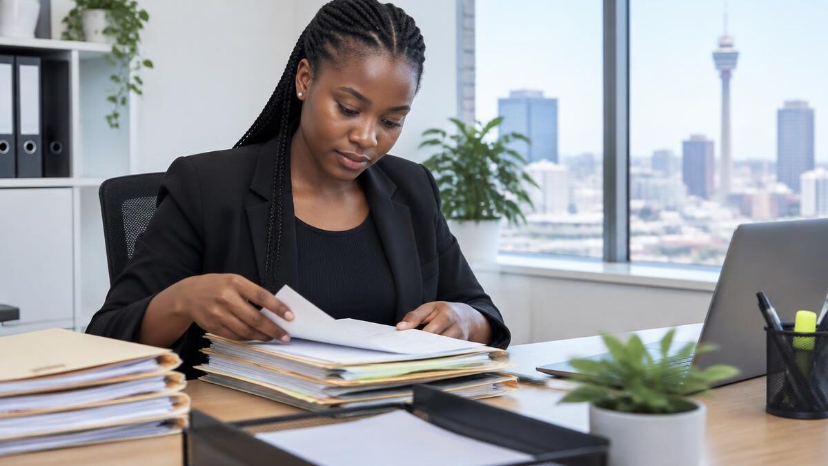 a young Black South African woman working as an HR administrator at a corporate office desk in Gauteng, reviewing job applications on a computer screen in a bright modern workspace.