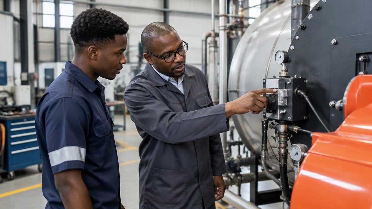 Engineer mentoring a young millwright beside an industrial boiler