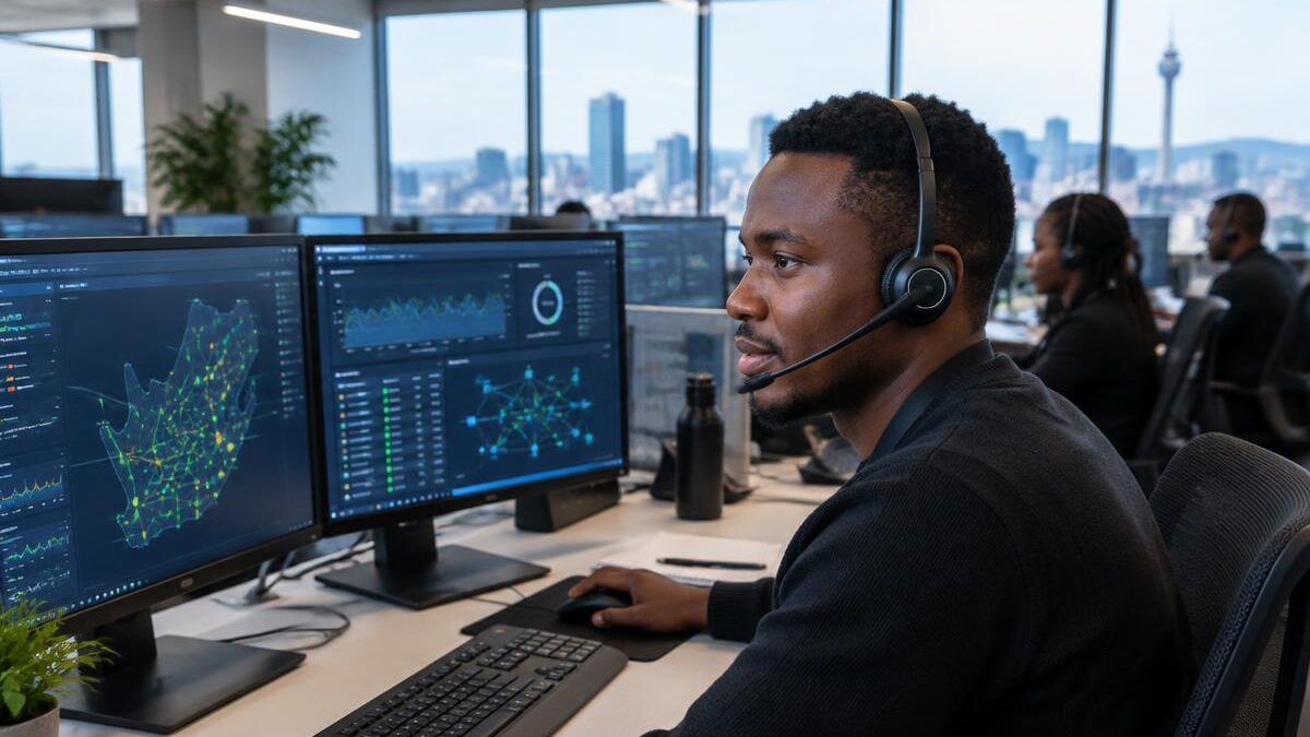 A young Black South African man wearing a headset sitting at a modern open-plan office workstation with computer screens displaying network diagnostics, set in a telecommunications support environment