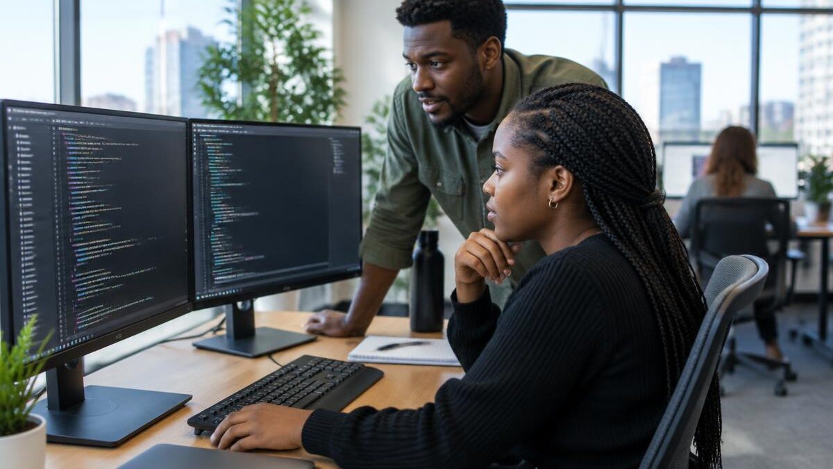 a young Black South African woman sitting at a modern office desk with dual computer monitors displaying code, while a male colleague stands nearby in a bright, modern software development office in R