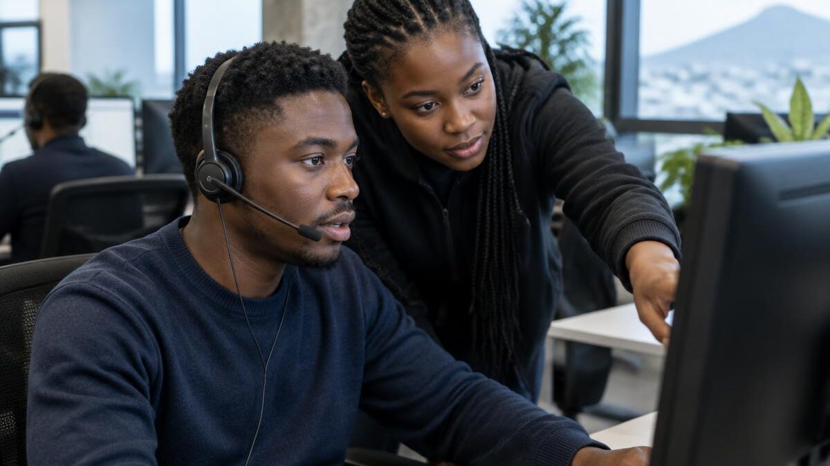 a young Black South African man wearing a phone headset while working at a computer desk inside a modern IT support office. Another team member stands nearby pointing toward the screen in a collaborat