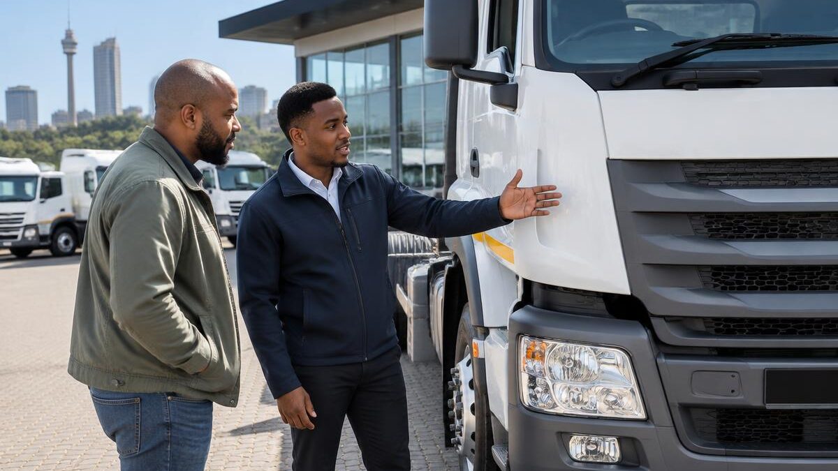 a young Black South African sales advisor showing commercial transport vehicles to a customer in a modern Johannesburg vehicle dealership. Bright natural lighting, professional setting, no visible log
