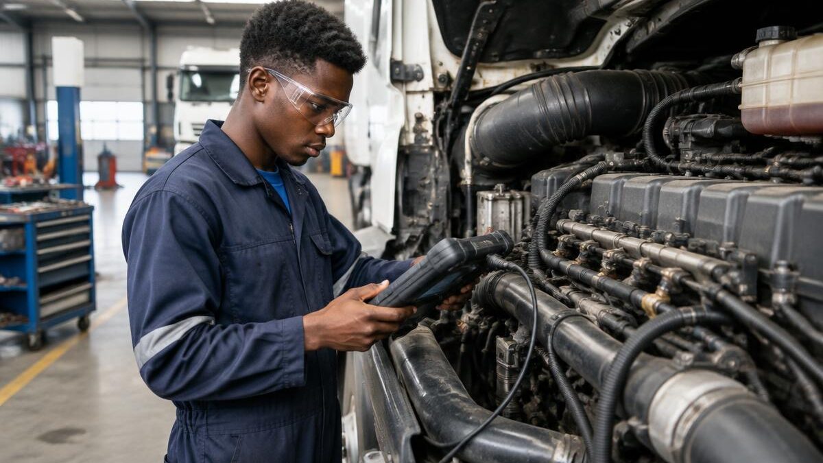 a young Black South African apprentice wearing safety goggles and heavy-duty overalls using diagnostic equipment on a large commercial truck inside a modern industrial workshop in Bloemfontein.