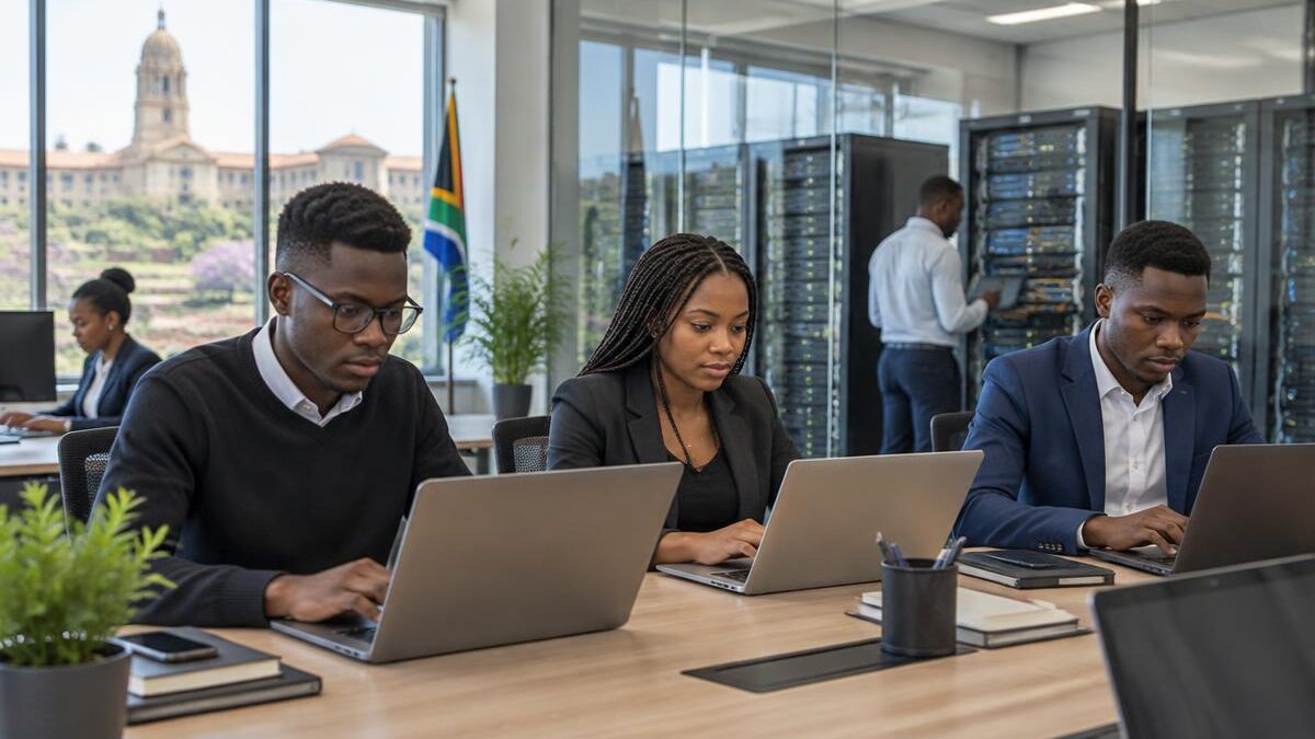 Graduates working on laptops in a government IT office in Pretoria