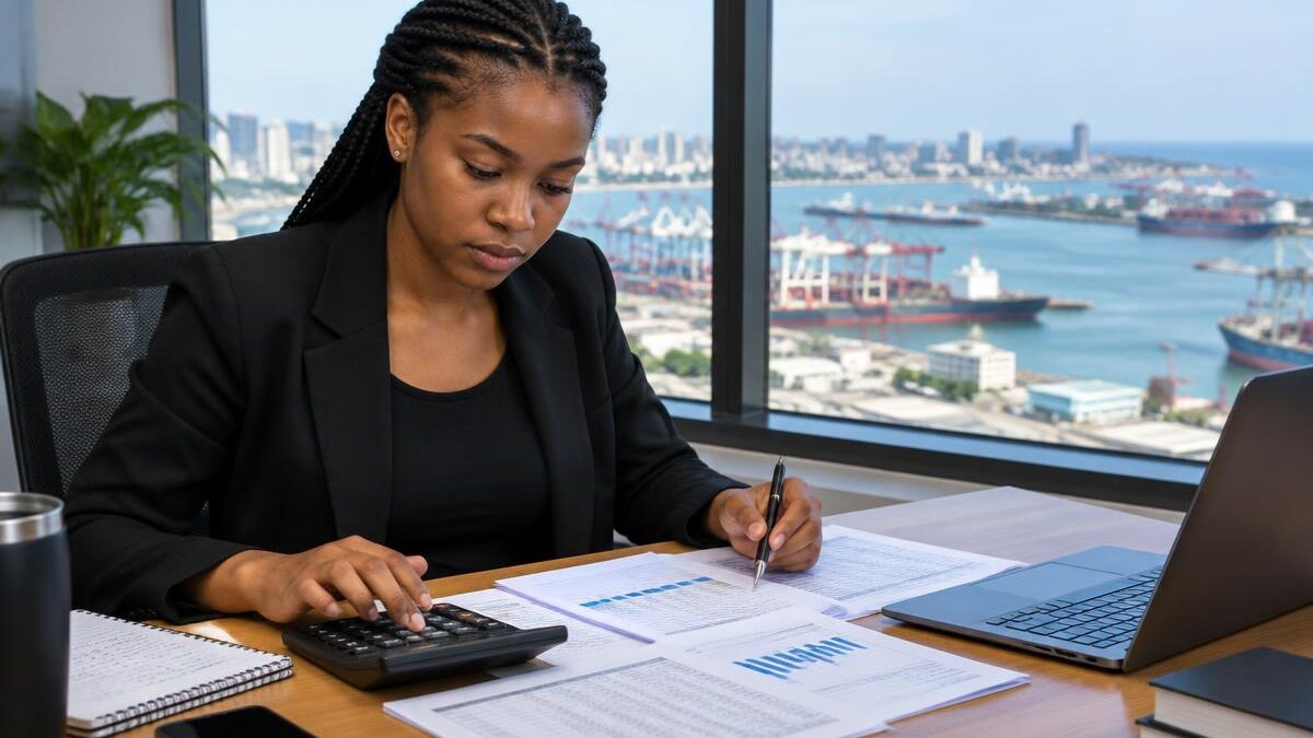 a young Black South African woman working diligently at a modern office desk in Durban, reviewing financial balance sheets on a computer screen, in a well-lit corporate setting.