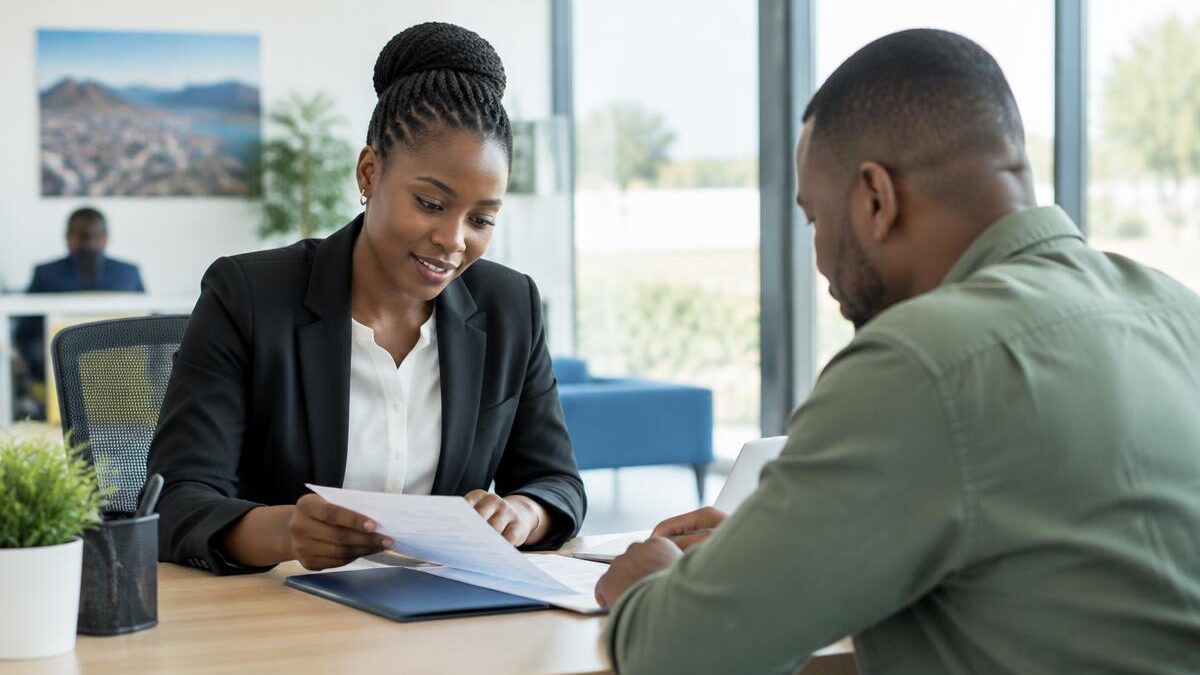 a young Black South African woman sitting at a tidy desk inside a bright corporate insurance branch office in South Africa, reviewing documentation with a client in a professional atmosphere, shot on 