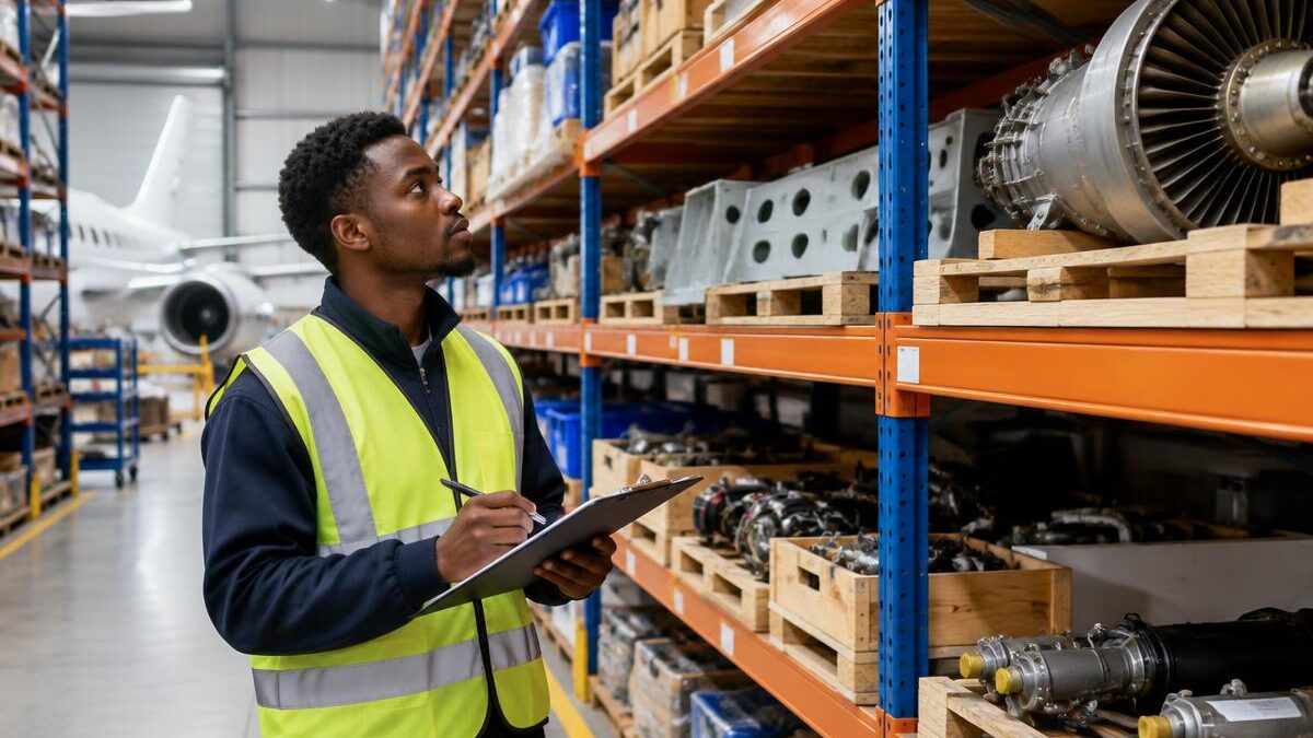 a young Black South African man wearing a reflective high-visibility safety vest, holding a clipboard and checking mechanical inventory on industrial shelving inside a spacious aviation warehouse near