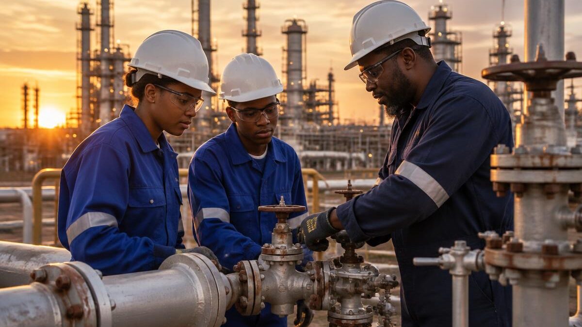 Learners in overalls working on pipes and valves with a technician at a petrochemical plant
