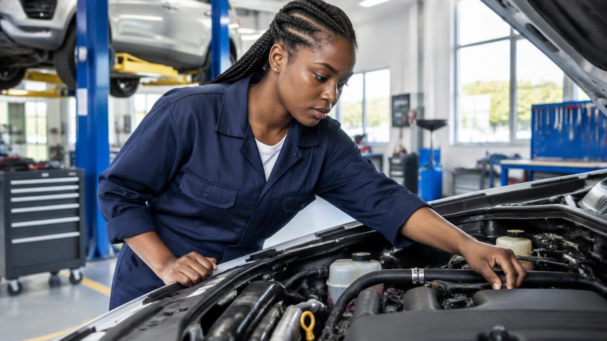 a young Black South African apprentice mechanic wearing clean work overalls and safety boots, inspecting a vehicle engine bay in a modern, well-lit automotive workshop in Gauteng.