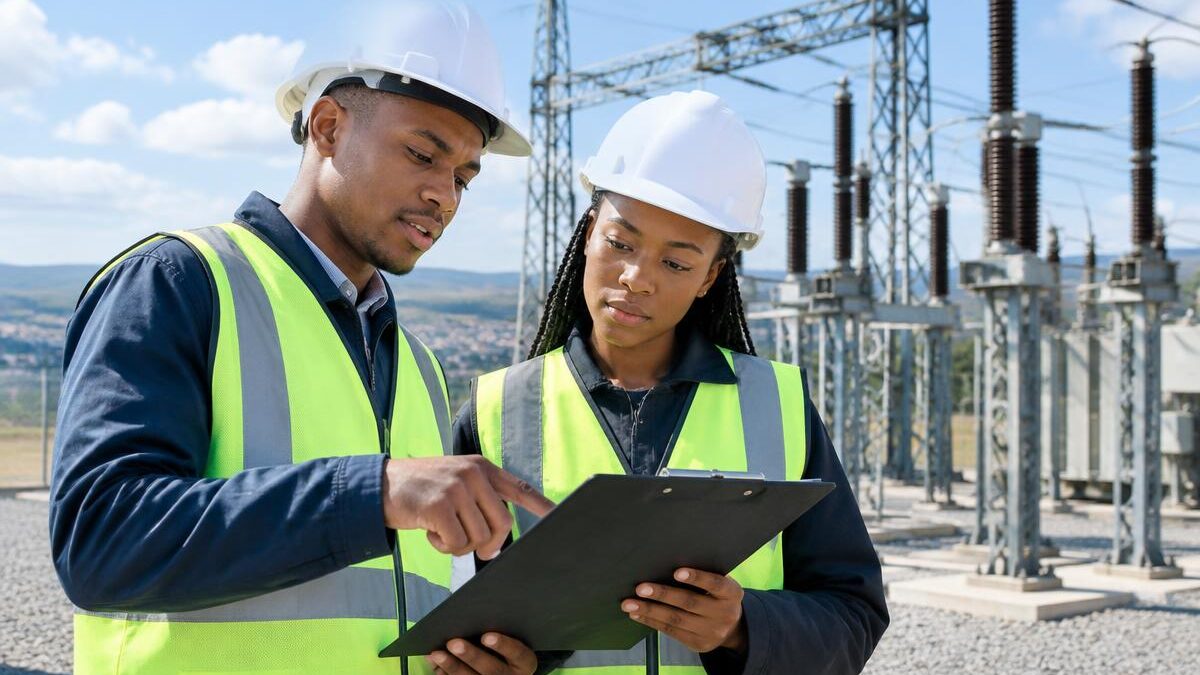 two young Black South African engineering graduates wearing safety helmets and high-visibility vests examining technical blueprints on a clipboard at an infrastructure project site in Gauteng, bright 