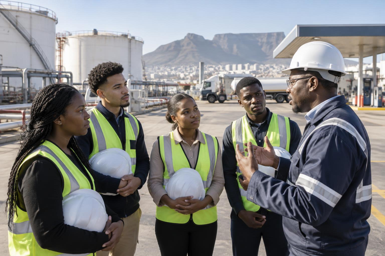 Graduate trainees in hard hats being mentored at a fuel terminal in Cape Town
