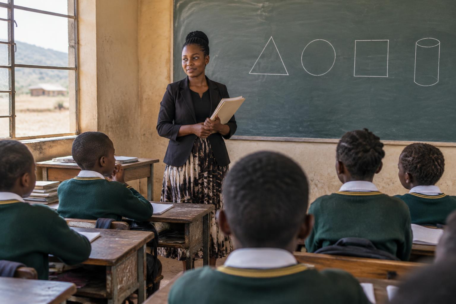 A newly qualified teacher stands in front of learners in a rural South African classroom