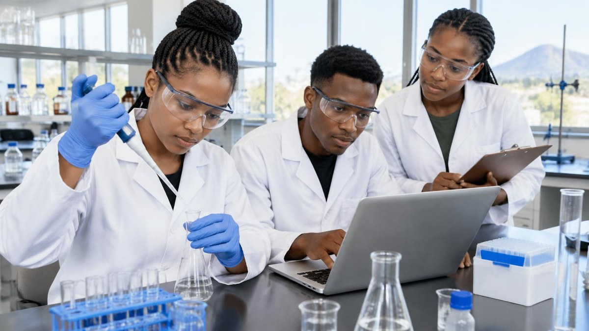 Illustration of young South African graduates learning research and laboratory work; not a photograph of SMU employees.
