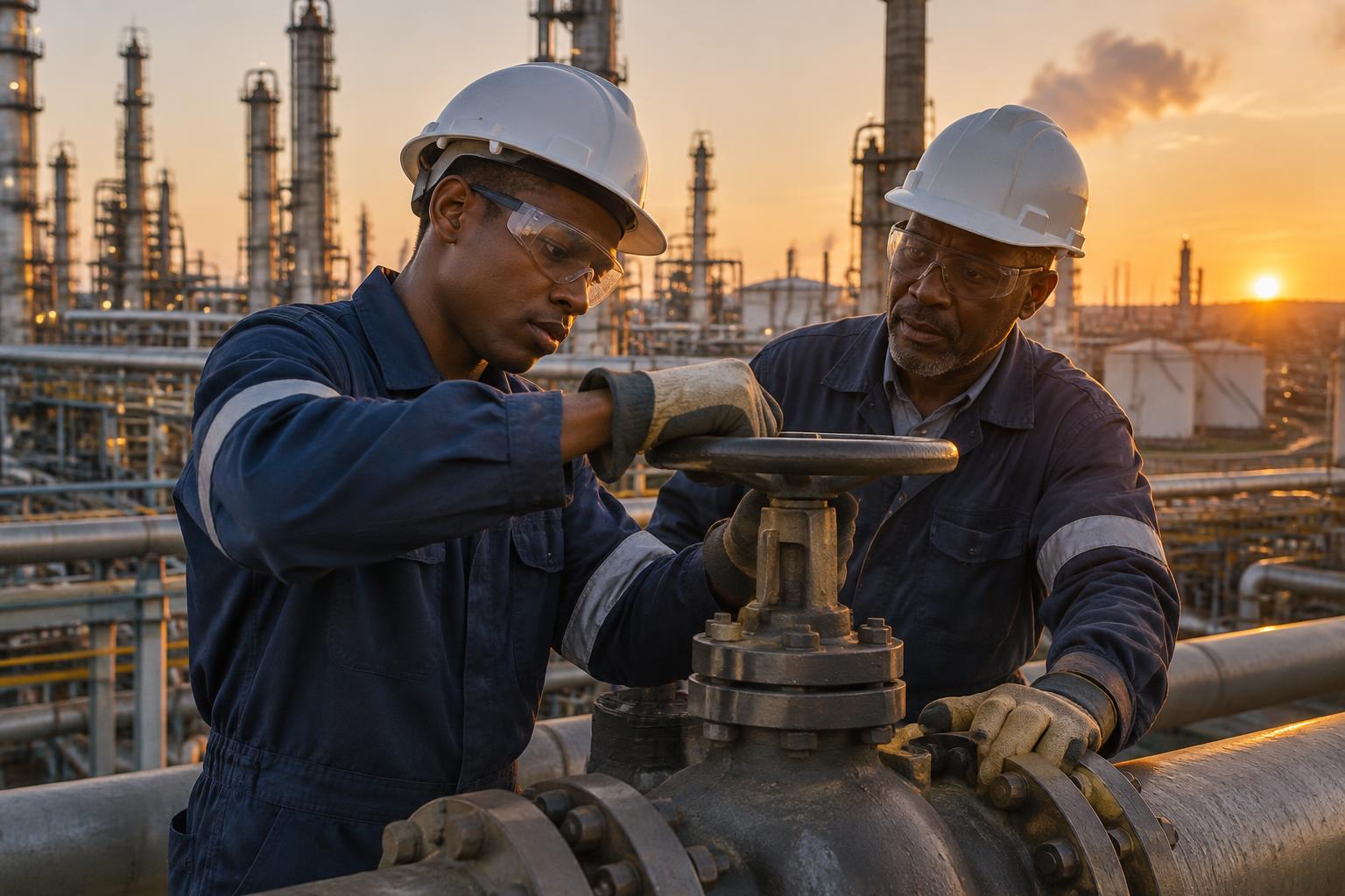 Young apprentice artisan working on a valve with a mentor at a petrochemical plant