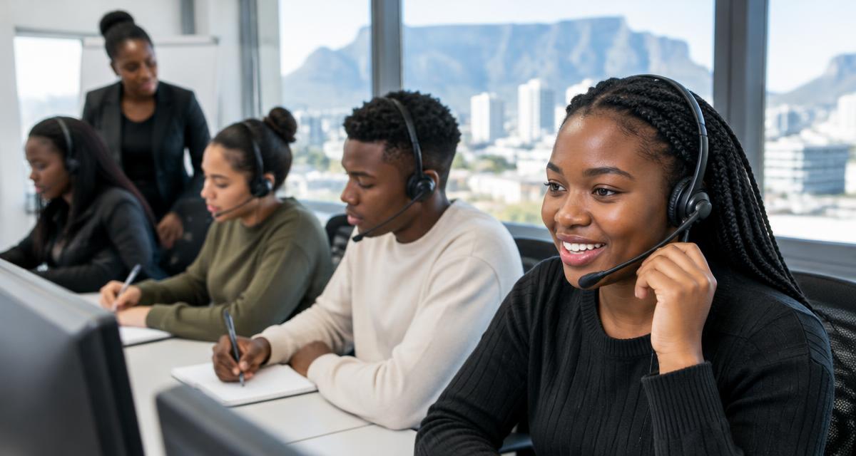 AI-generated illustration of young trainees wearing headsets in a call centre