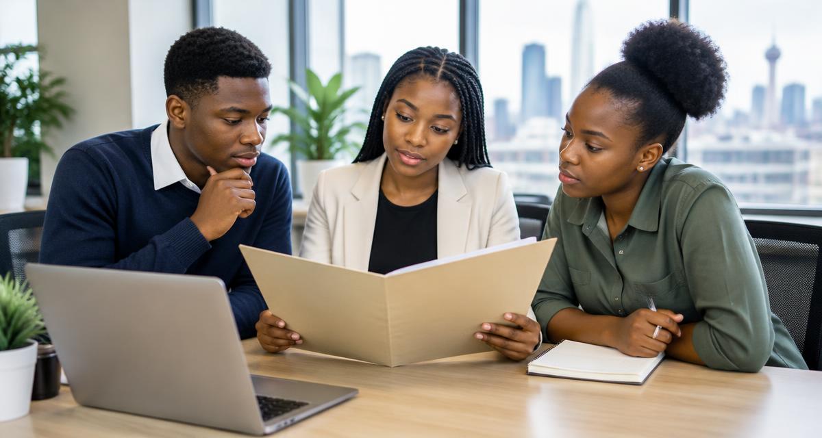 AI-generated illustration of young South African learners reviewing a folder in an office