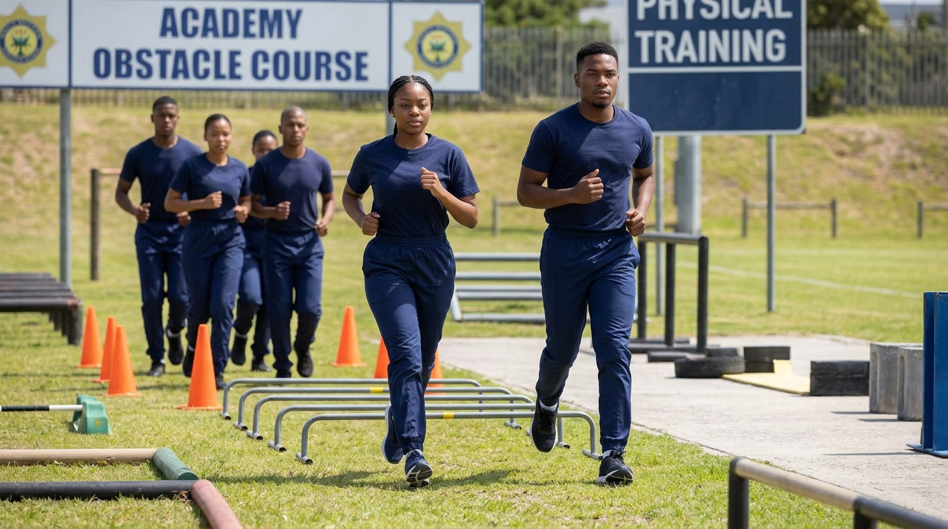 AI-generated illustration of young South African recruits doing outdoor police academy fitness and obstacle-course training; not an official SAPS photograph