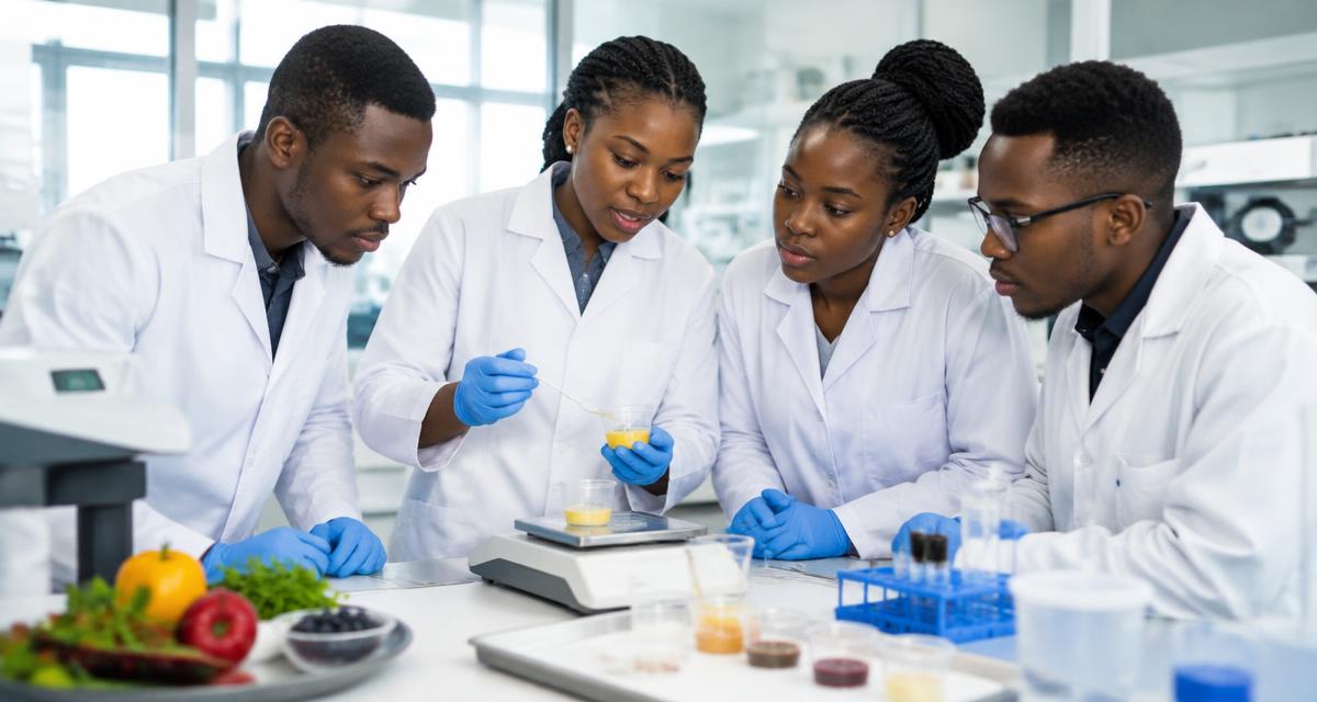 AI-generated illustration of young interns learning in a food-science laboratory