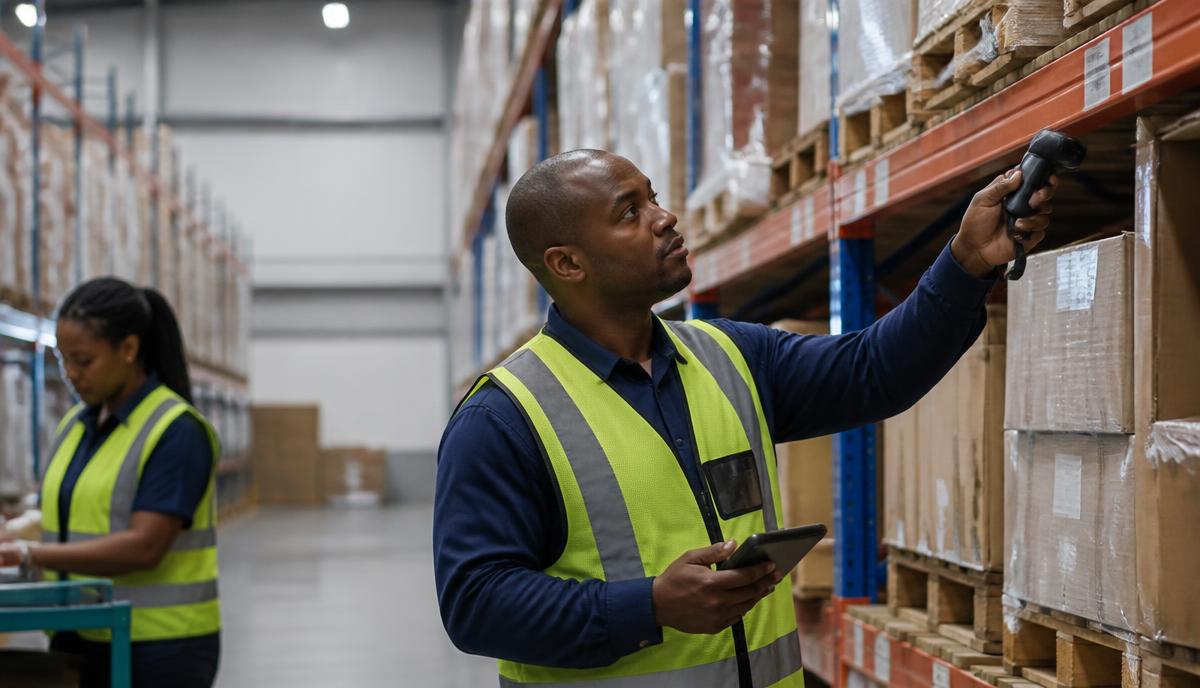 Warehouse staff in high-visibility vests checking stock in a distribution centre